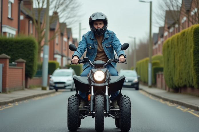 Jeune homme en denim sur quad en quartier calme