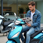 Jeune homme examine brochure scooter 50cc Dax en extérieur