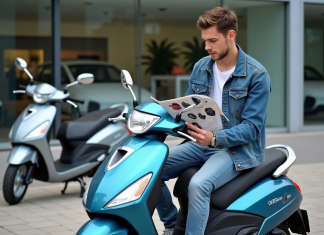 Jeune homme examine brochure scooter 50cc Dax en extérieur