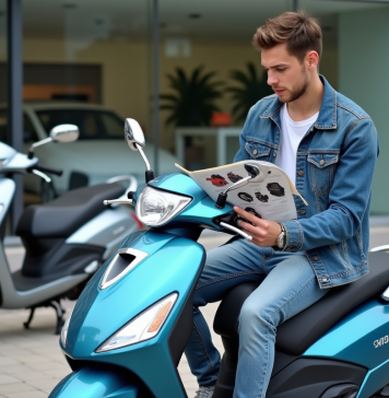 Comment le tarif du dax 50cc fluctue selon les options et accessoires ? Jeune homme examine brochure scooter 50cc Dax en extérieur