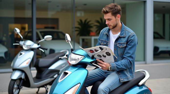 Jeune homme examine brochure scooter 50cc Dax en extérieur