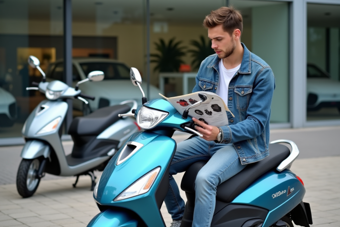 Jeune homme examine brochure scooter 50cc Dax en extérieur