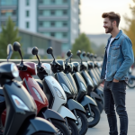 Jeune homme examine des scooters en ville