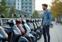 Comparatif des scooters 50cc à prix accessible pour tous les budgets Jeune homme examine des scooters en ville