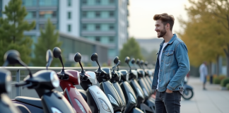 Jeune homme examine des scooters en ville
