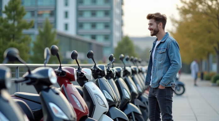 Jeune homme examine des scooters en ville