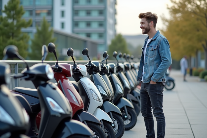 jeune-homme-scooters-urbain Jeune homme examine des scooters en ville