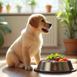 Jeune chiot labrador avec nourriture saine dans la cuisine