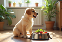 Jeune chiot labrador avec nourriture saine dans la cuisine