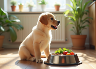 Jeune chiot labrador avec nourriture saine dans la cuisine