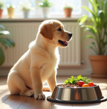 Jeune chiot labrador avec nourriture saine dans la cuisine