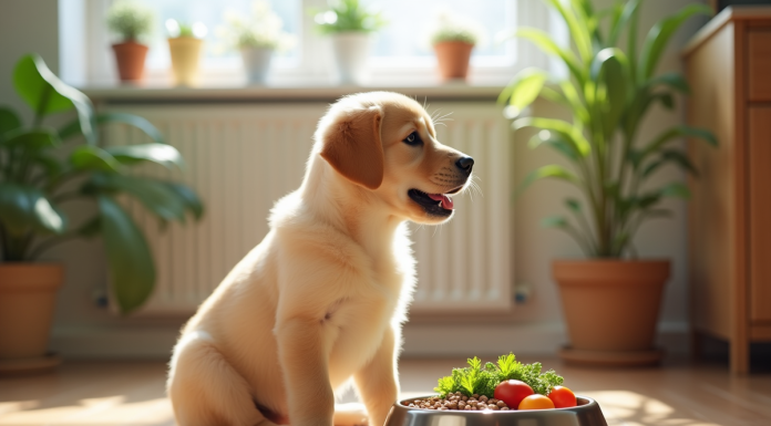 L’alimentation du chiot de labrador : les meilleurs conseils Jeune chiot labrador avec nourriture saine dans la cuisine