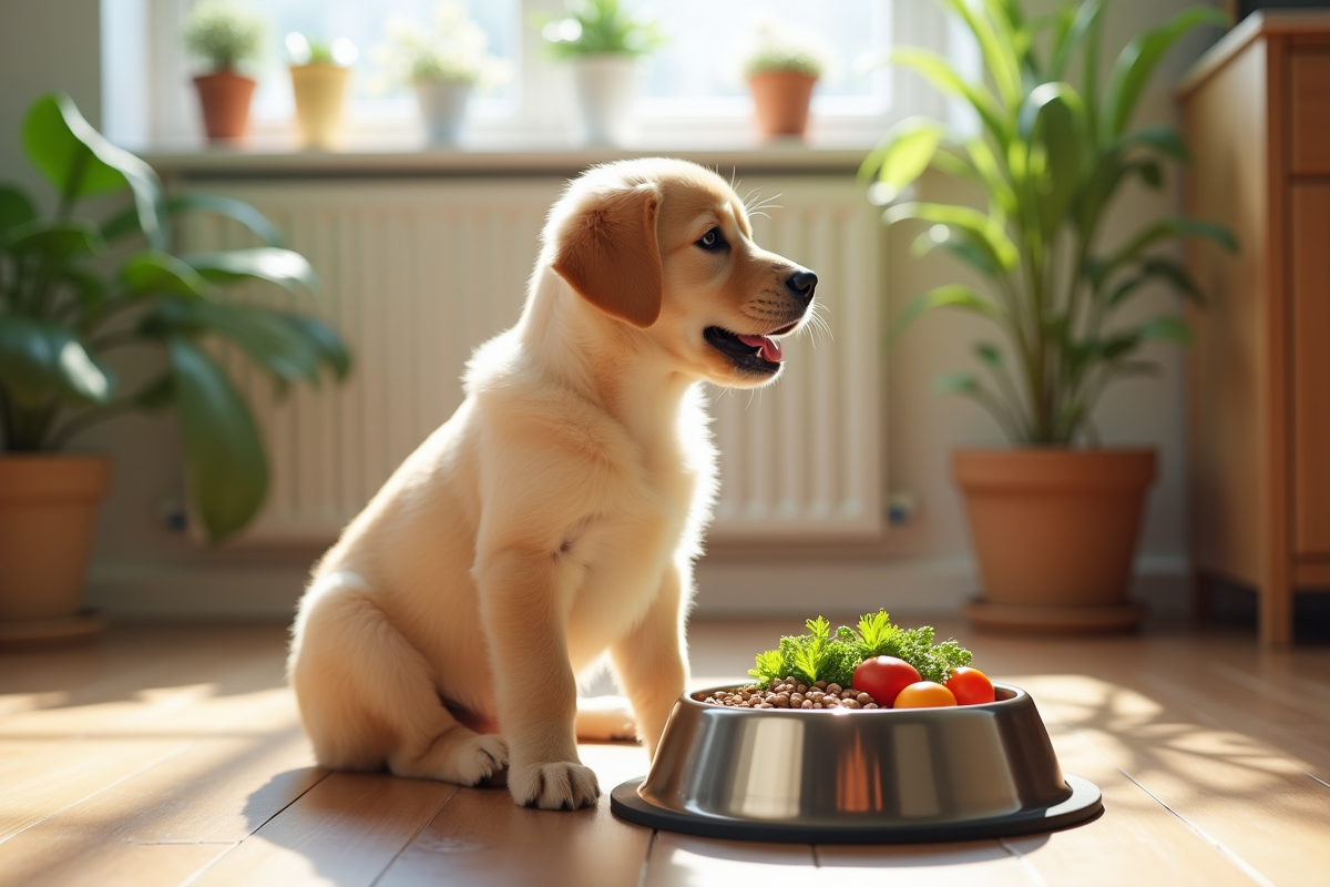 Jeune chiot labrador avec nourriture saine dans la cuisine