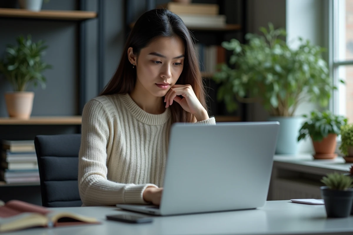 Jeune femme en informatique travaillant sur son ordinateur