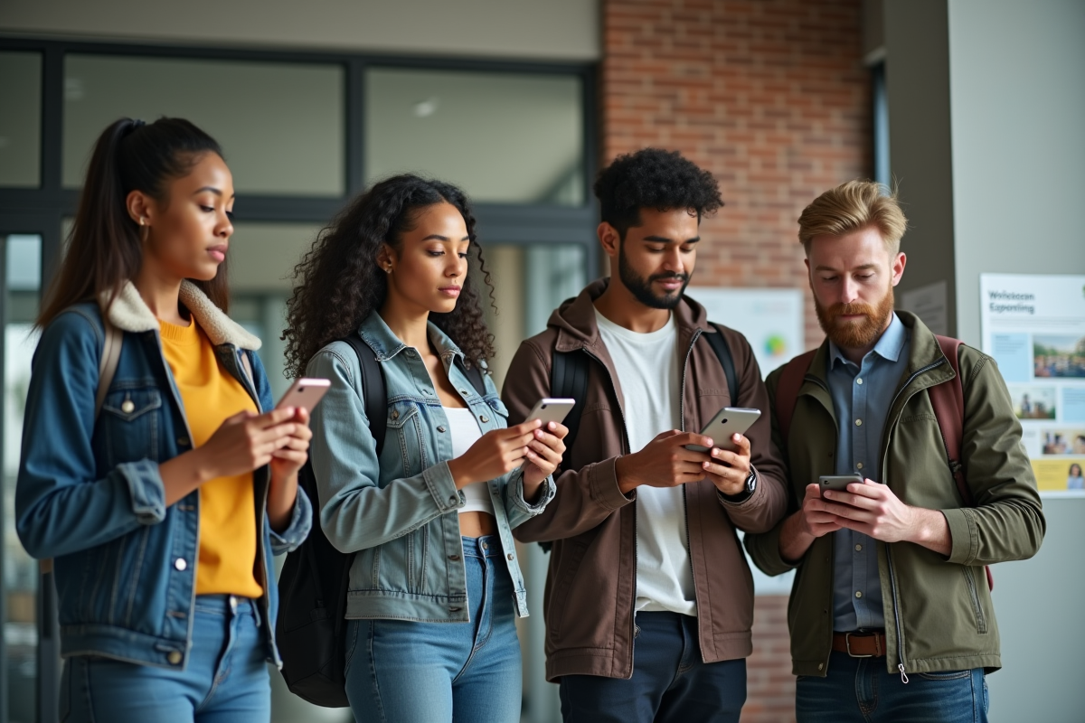 Groupe de jeunes adultes dans un centre communautaire vérifiant leurs téléphones
