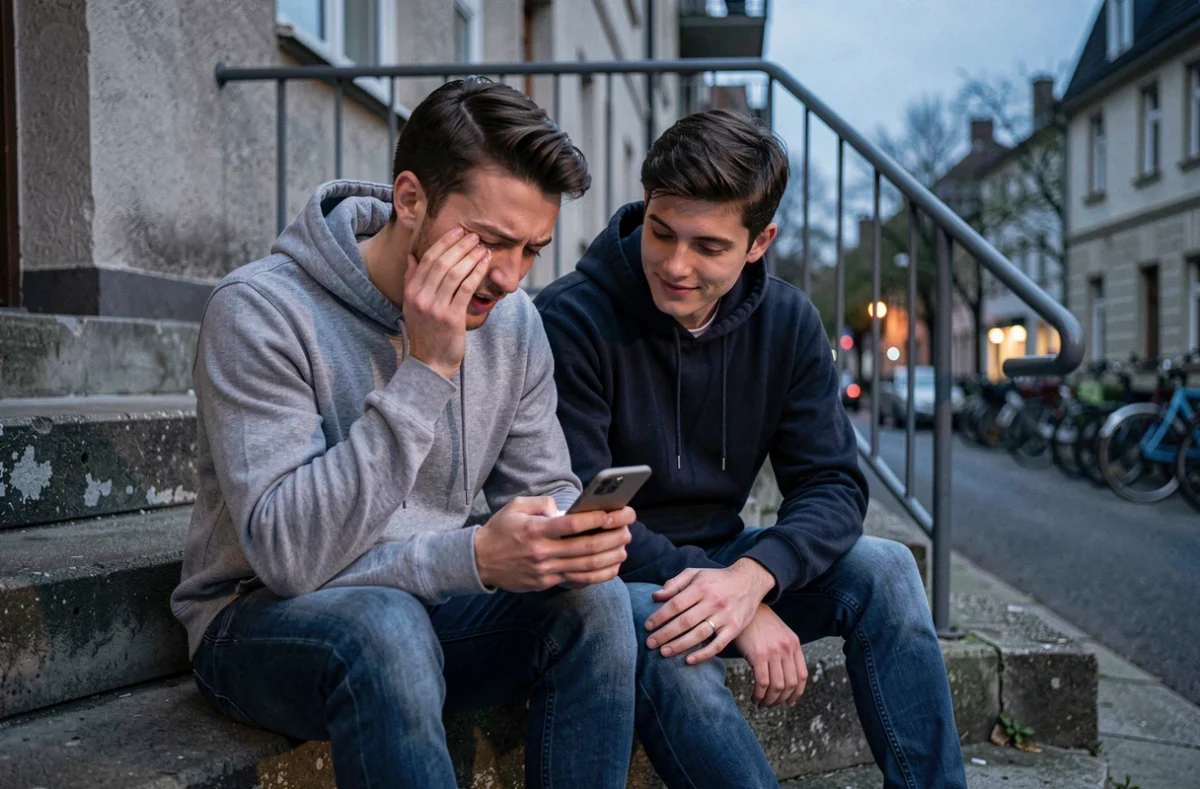 Deux jeunes amis partageant un moment émouvant devant un téléphone sur des marches urbaines, symbole d'amitié connectée sincère