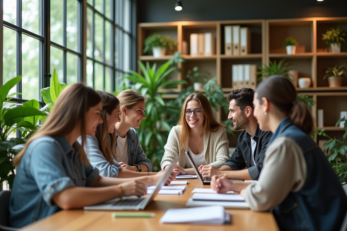 Jeunes adultes collaborant dans un bureau écologique