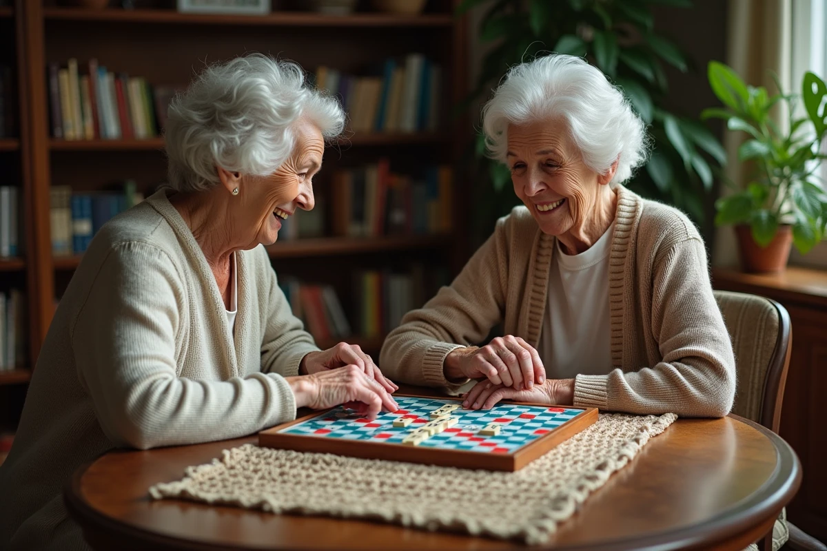 Deux femmes âgées jouent à Scrabble dans un salon cosy