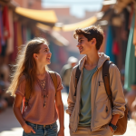 Meilleures destinations voyage ado : choix de pays pour un séjour en famille Jeune fille et garçon riant dans un marché coloré de Marrakech