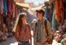 Meilleures destinations voyage ado : choix de pays pour un séjour en famille Jeune fille et garçon riant dans un marché coloré de Marrakech