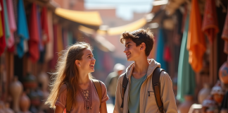 Meilleures destinations voyage ado : choix de pays pour un séjour en famille Jeune fille et garçon riant dans un marché coloré de Marrakech
