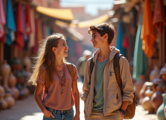 Jeune fille et garçon riant dans un marché coloré de Marrakech