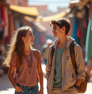 Meilleures destinations voyage ado : choix de pays pour un séjour en famille Jeune fille et garçon riant dans un marché coloré de Marrakech