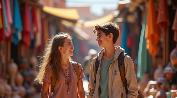 Meilleures destinations voyage ado : choix de pays pour un séjour en famille Jeune fille et garçon riant dans un marché coloré de Marrakech