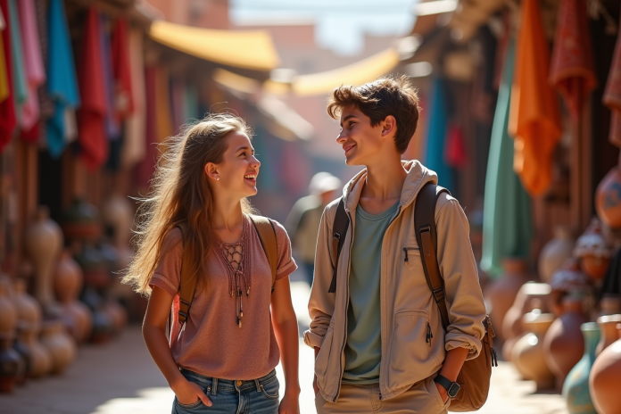Jeune fille et garçon riant dans un marché coloré de Marrakech
