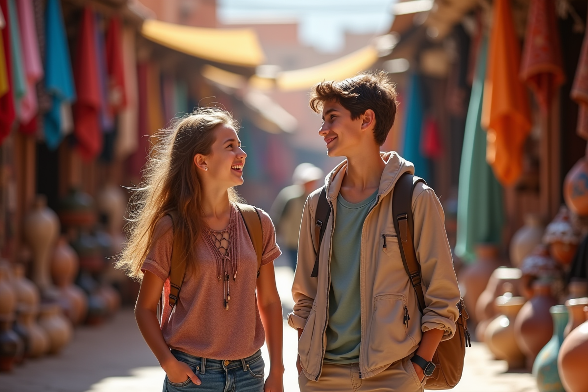 Jeune fille et garçon riant dans un marché coloré de Marrakech