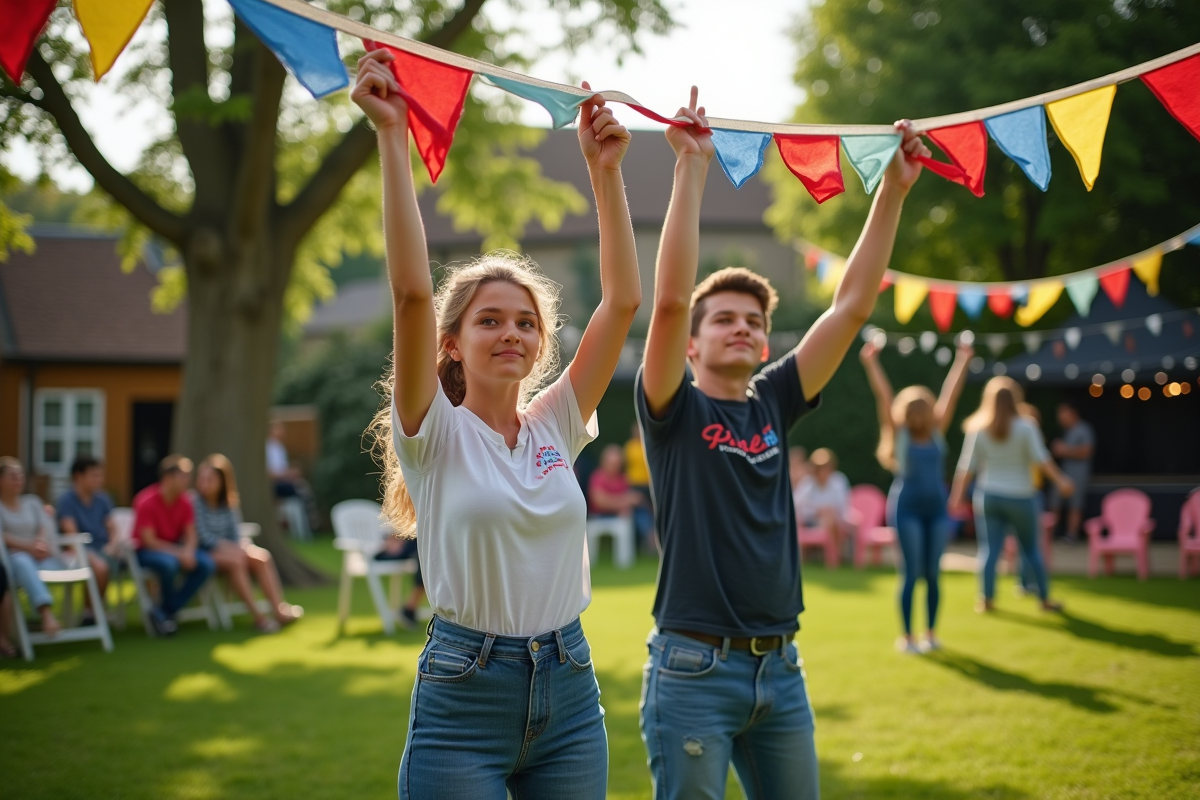 Jeunes volontaires installent des guirlandes pour une soirée cinéma