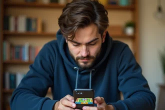 Jeune homme jouant à un jeu de plateau mobile sur smartphone à son bureau, illustrant l'accès à Monopoly GO com magnat