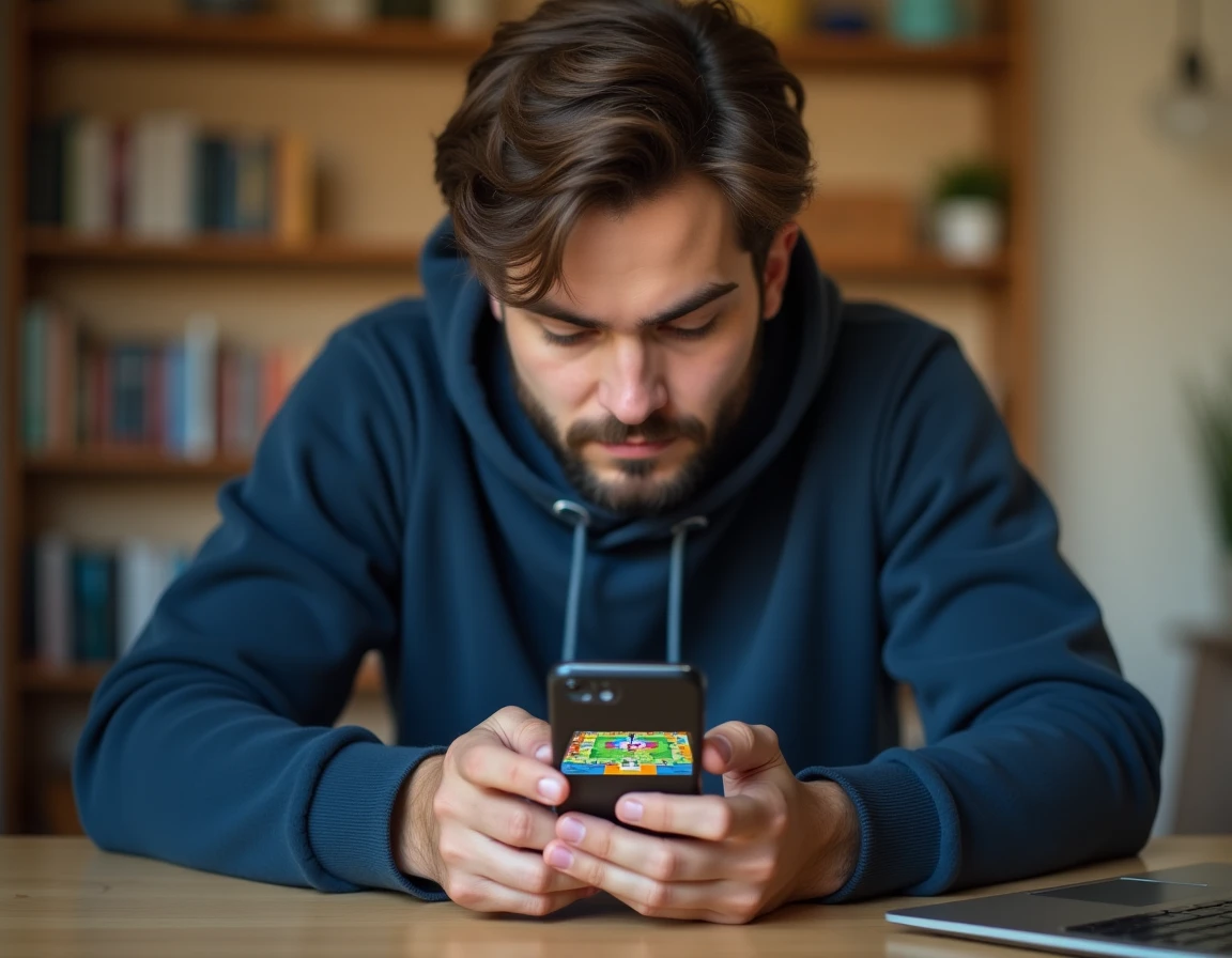 Jeune homme jouant à un jeu de plateau mobile sur smartphone à son bureau, illustrant l'accès à Monopoly GO com magnat
