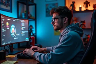 Joueur de League of Legends fixant son écran montrant le temps wated après une partie, assis à son bureau gaming encombré