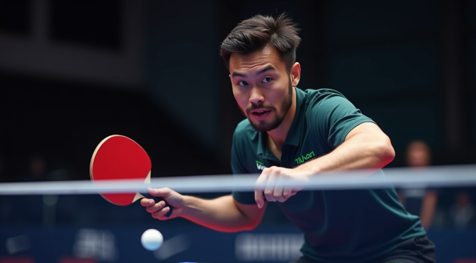 Joueur de tennis de table en pleine action lors d un match intense