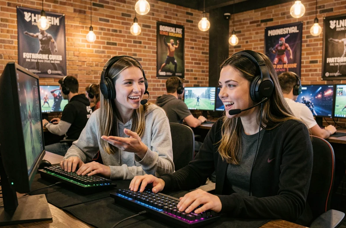 Deux joueuses collaborant en temps réel dans un café esports pour optimiser leur équipe sur Game Aeonscope