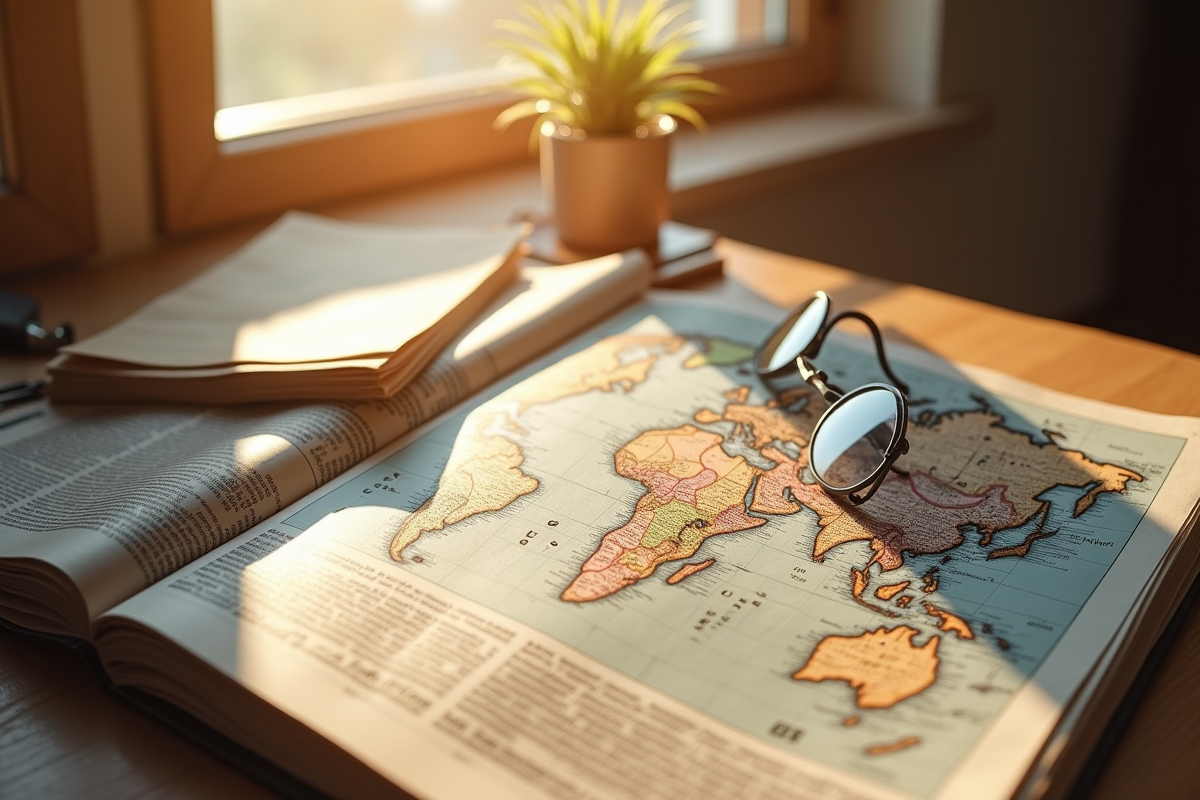 Journal ouvert avec carte du monde et lunettes pour journalisme libre