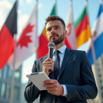 Journaliste international avec drapeaux pour la liberté de presse