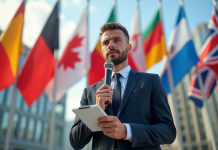 Journaliste international avec drapeaux pour la liberté de presse