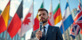 Journaliste international avec drapeaux pour la liberté de presse