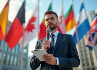 Journaliste international avec drapeaux pour la liberté de presse