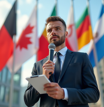 Journaliste international avec drapeaux pour la liberté de presse