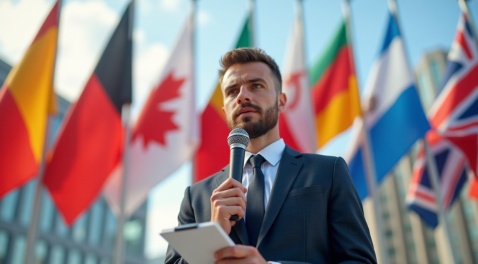 Journaliste international avec drapeaux pour la liberté de presse