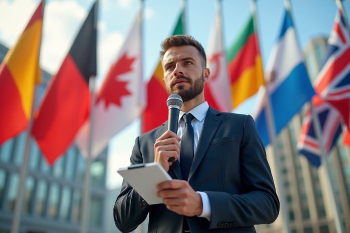 journaliste-multinational-drapeaux Journaliste international avec drapeaux pour la liberté de presse