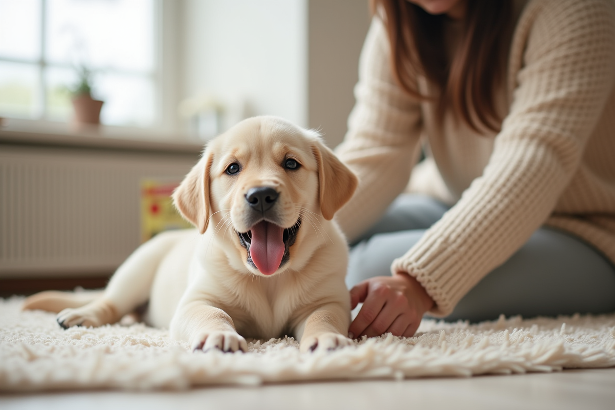 Chiot labrador léchant ses lèvres après manger dans le salon