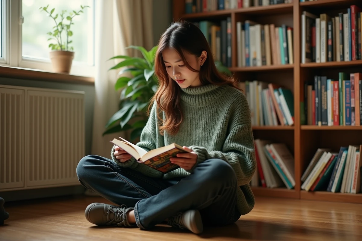 Jeune femme lisant un manga dans un coin lecture entouré d'étagères remplies de volumes colorés