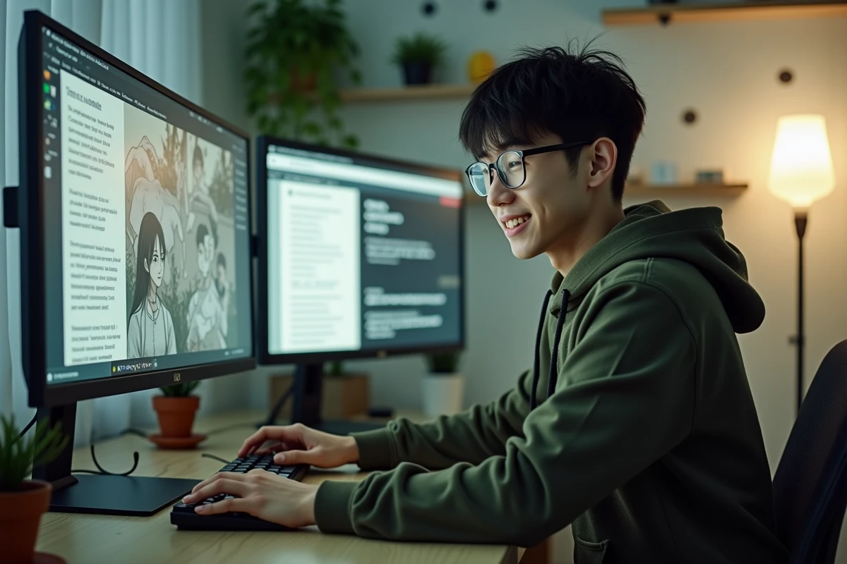 Homme lisant un manhwa en VF sur écran d'ordinateur dans un bureau minimaliste à domicile