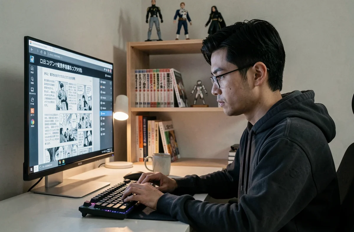 Jeune homme lisant un scan de manga sur écran d'ordinateur dans un bureau minimaliste moderne, dans le contexte de la lecture numérique de manga VF