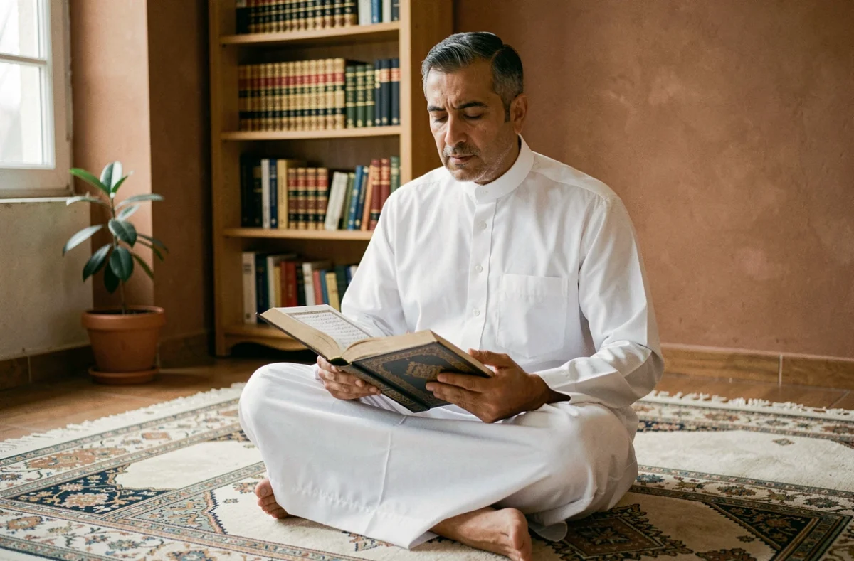 Homme lisant la sourat Al Kahf sur un tapis de prière dans une pièce calme et apaisante