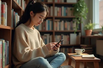 Jeune femme lisant un webtoon sur smartphone dans un appartement étudiant entouré de mangas